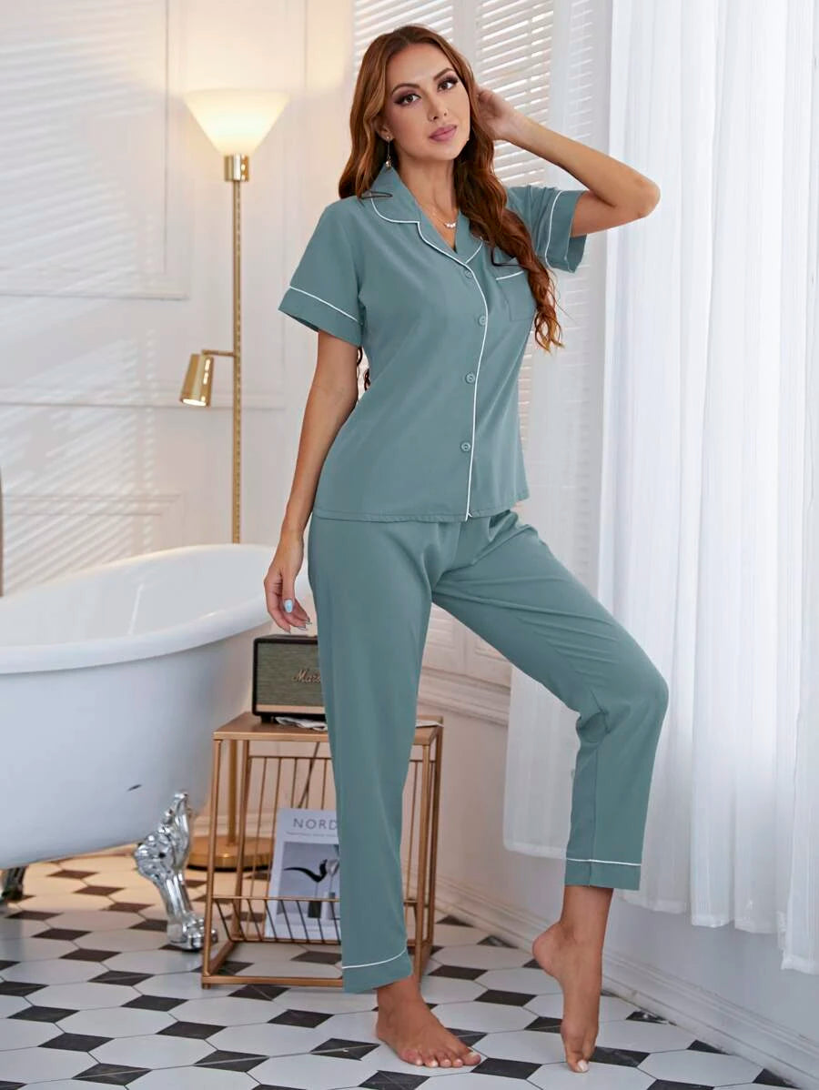 Lapel Collar Binding Night Set-Soco Hoodie