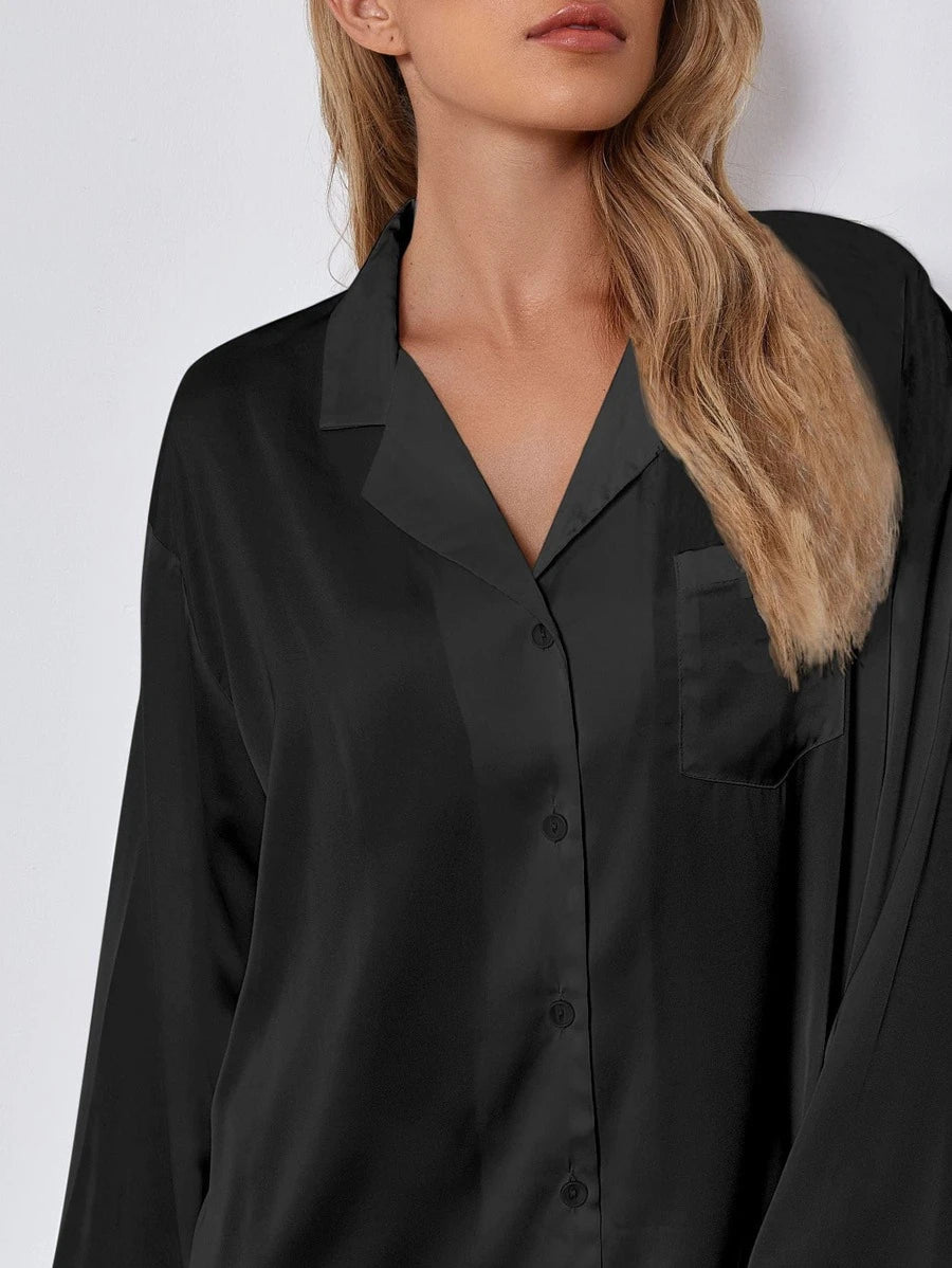 Lapel Collar Satin Nightdress-Soco Hoodie