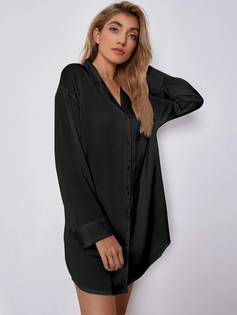 Lapel Collar Satin Nightdress-Soco Hoodie
