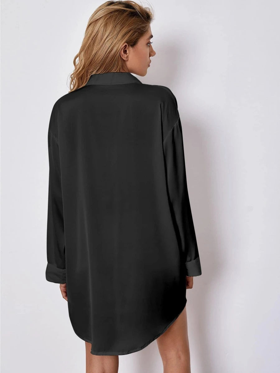 Lapel Collar Satin Nightdress-Soco Hoodie