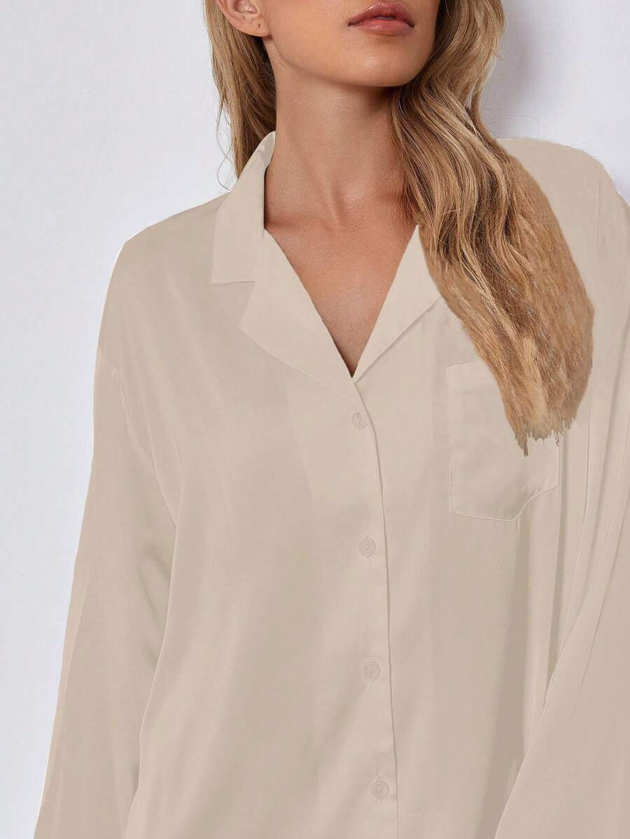 Lapel Collar Satin Nightdress-Soco Hoodie
