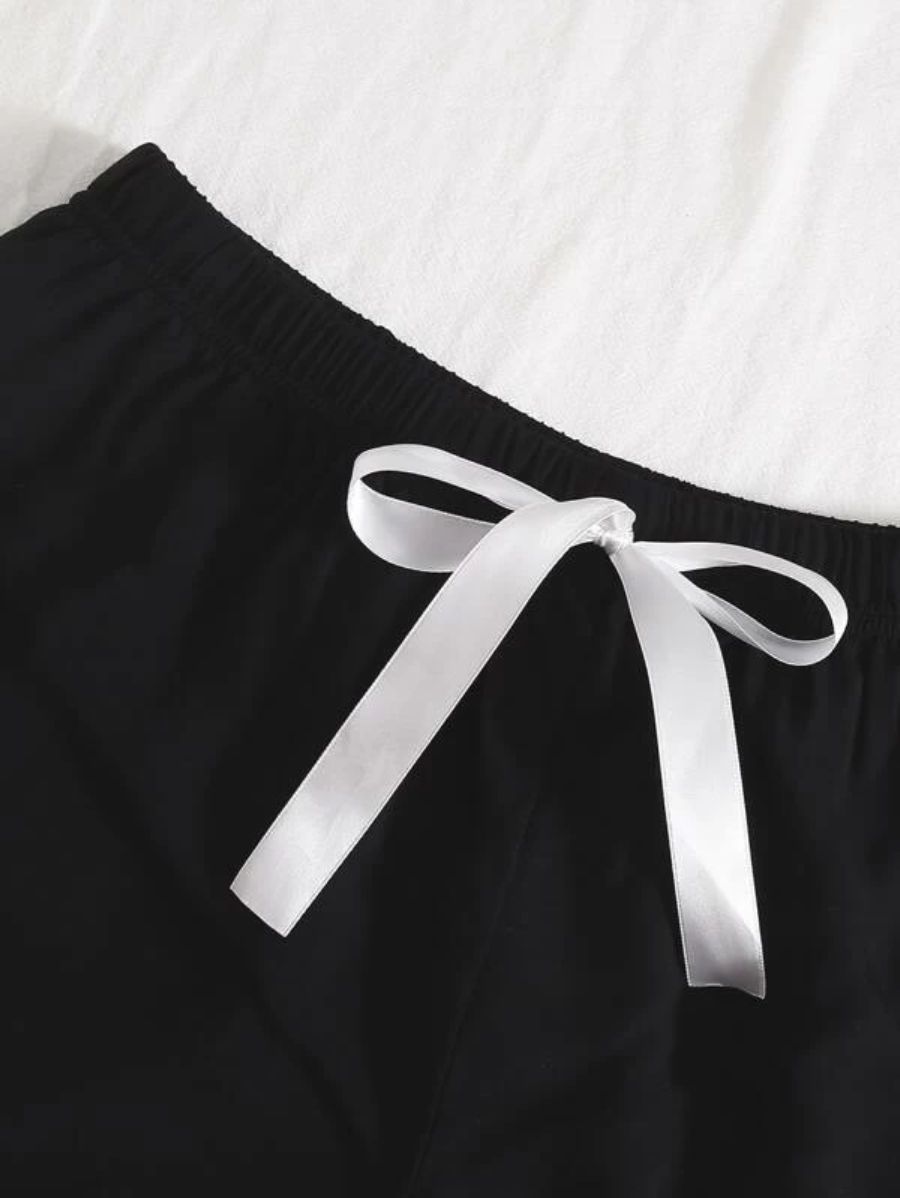 Lapel Design Contrast Binding Tie Front Pajama Set-Soco Hoodie