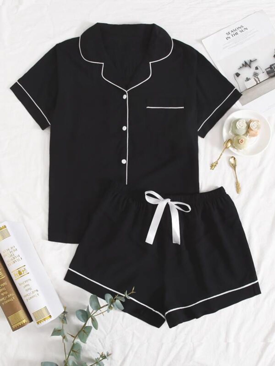 Lapel Design Contrast Binding Tie Front Pajama Set-Soco Hoodie