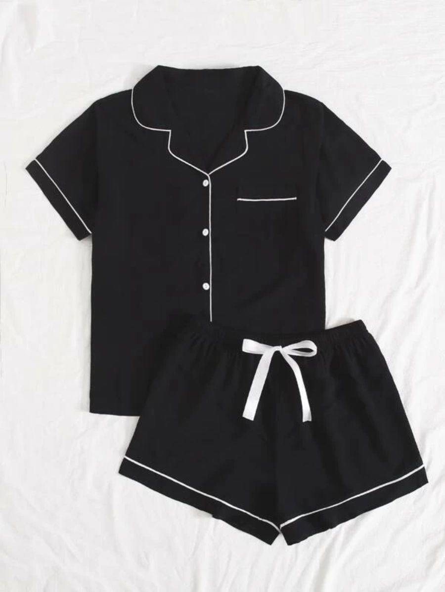 Lapel Design Contrast Binding Tie Front Pajama Set-Soco Hoodie