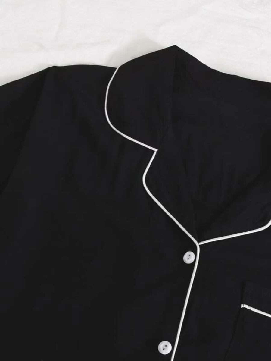 Lapel Design Contrast Binding Tie Front Pajama Set-Soco Hoodie