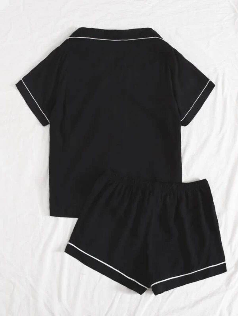 Lapel Design Contrast Binding Tie Front Pajama Set-Soco Hoodie