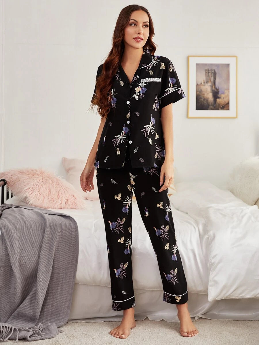 Lapel Elegant Collar Plants Print Night Set-Soco Hoodie