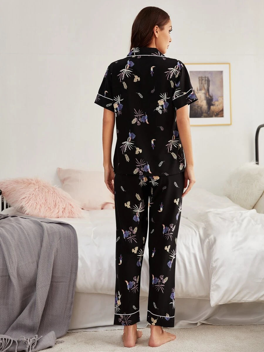 Lapel Elegant Collar Plants Print Night Set-Soco Hoodie
