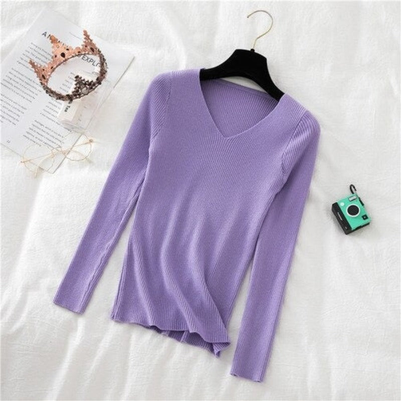 Woolen V-Neck Long-Sleeved Knitted Pullover For Women-Soco Hoodie