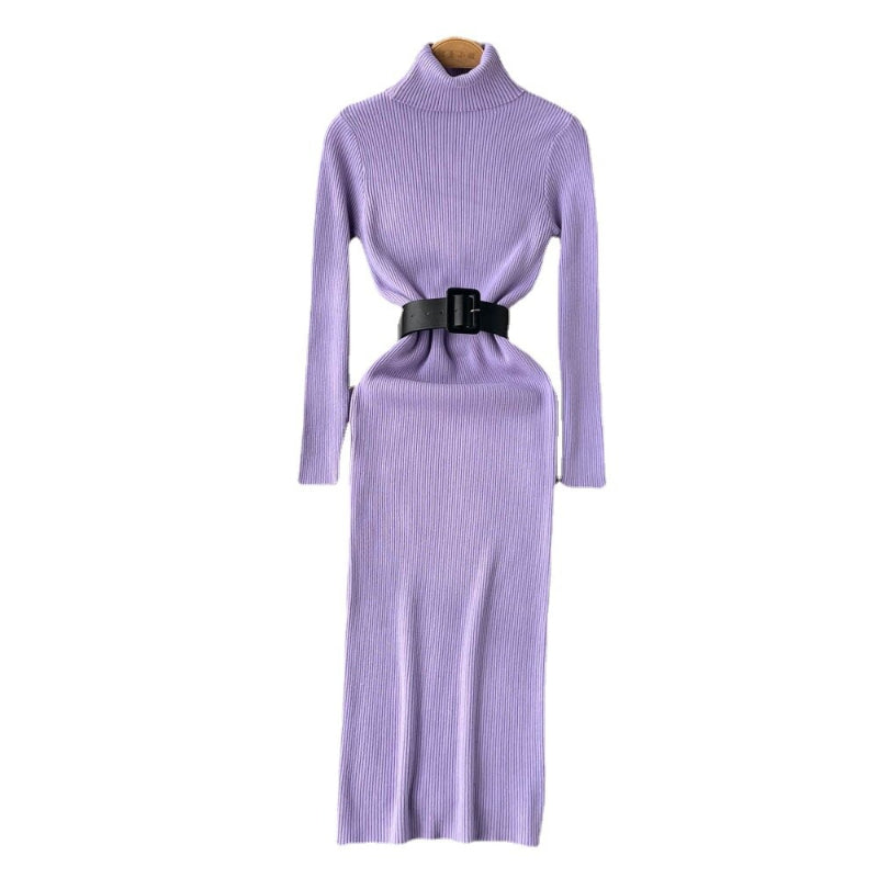Women's Turtleneck A-Line Knitted Bodycon Dress With Belt-Soco Hoodie