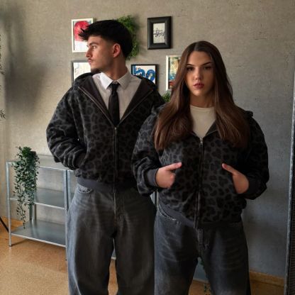 Zip Up Streetwear With All Over Leopard Print Hoodie