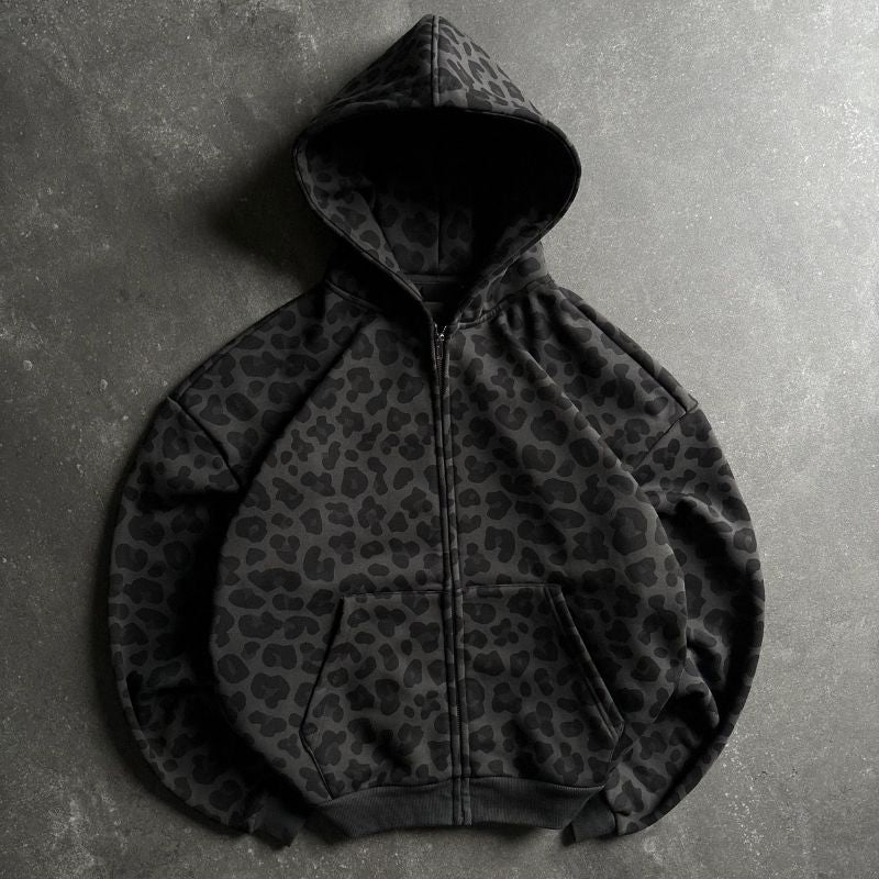 Zip Up Streetwear With All Over Leopard Print Hoodie XL