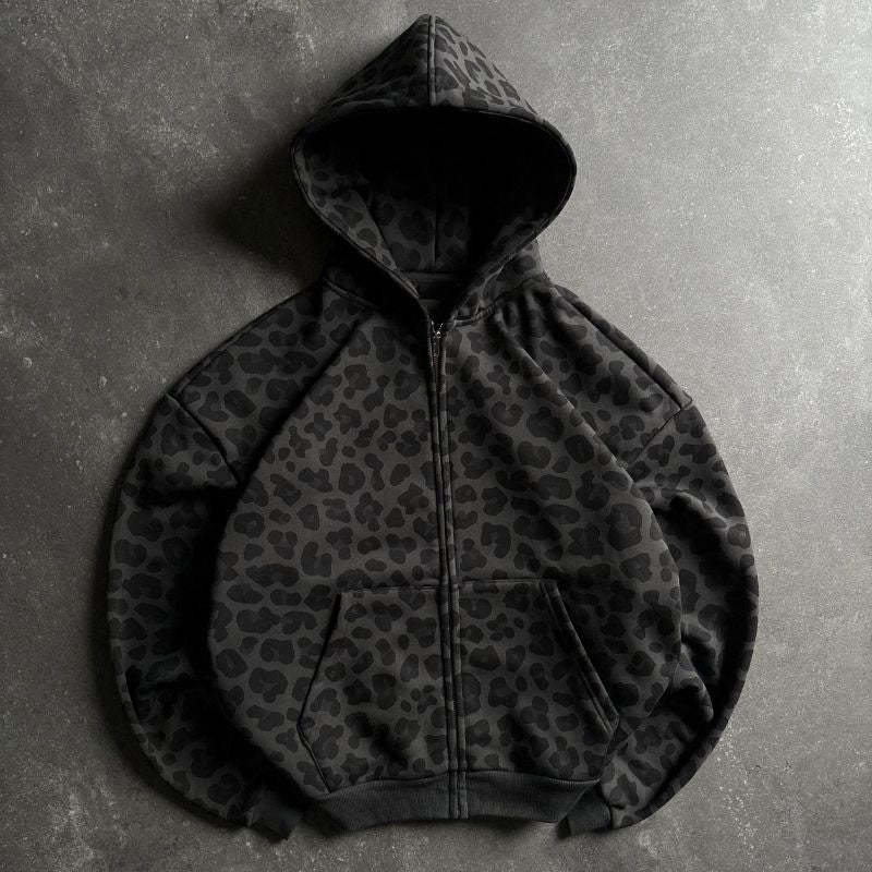 Zip Up Streetwear With All Over Leopard Print Hoodie XL