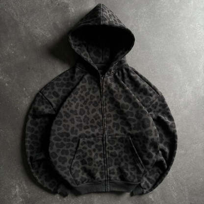 Zip Up Streetwear With All Over Leopard Print Hoodie XL