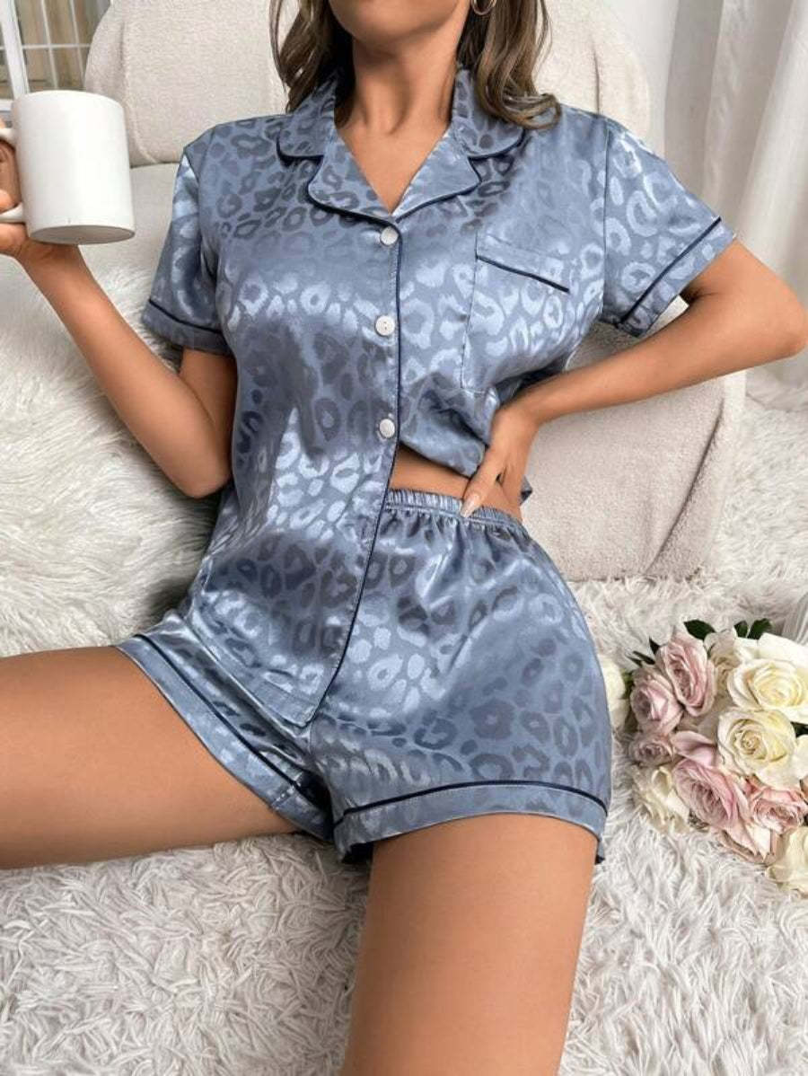 Leopard Jacquard Contrast Piping Satin Shorts Set-Soco Hoodie