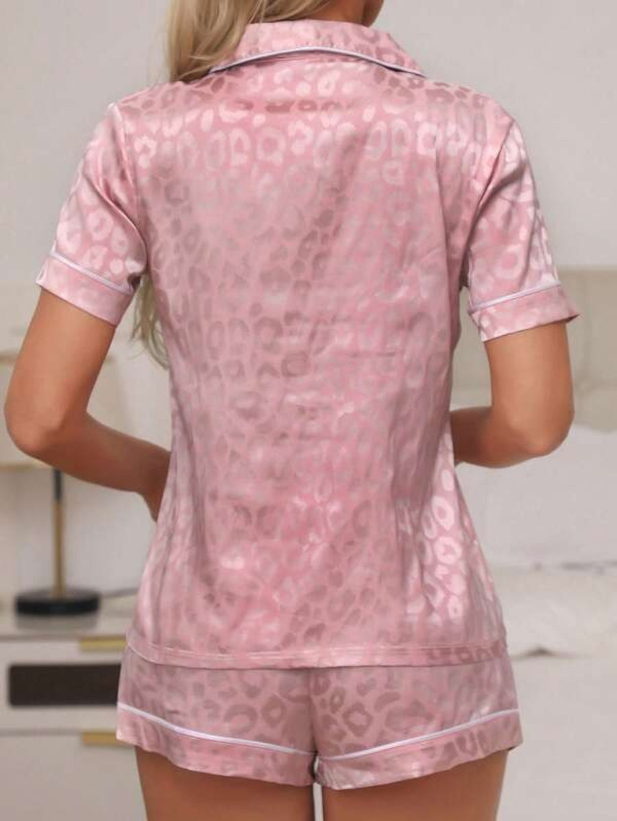 Leopard Jacquard Contrast Piping Satin Shorts Set-Soco Hoodie