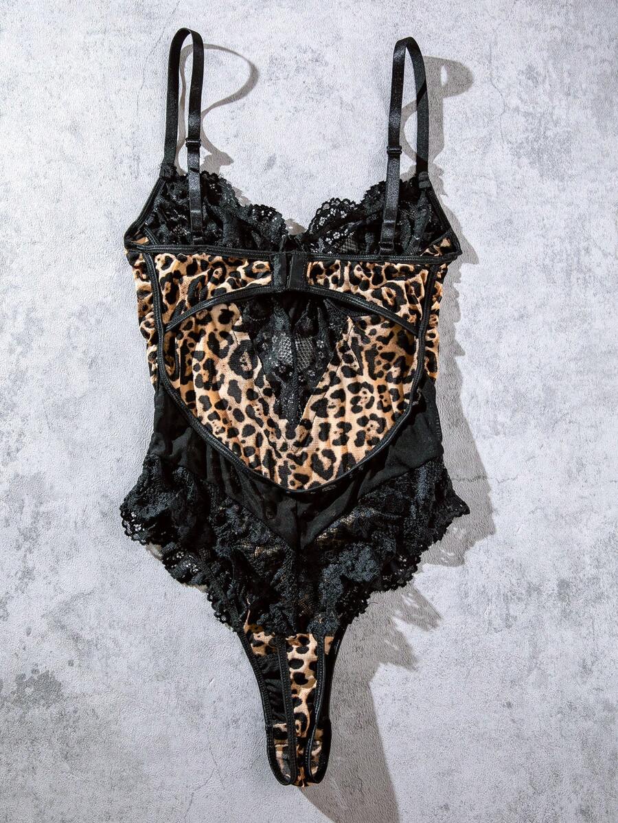 Leopard Print Contrast Lace Underwire Teddy Bodysuit-Soco Hoodie