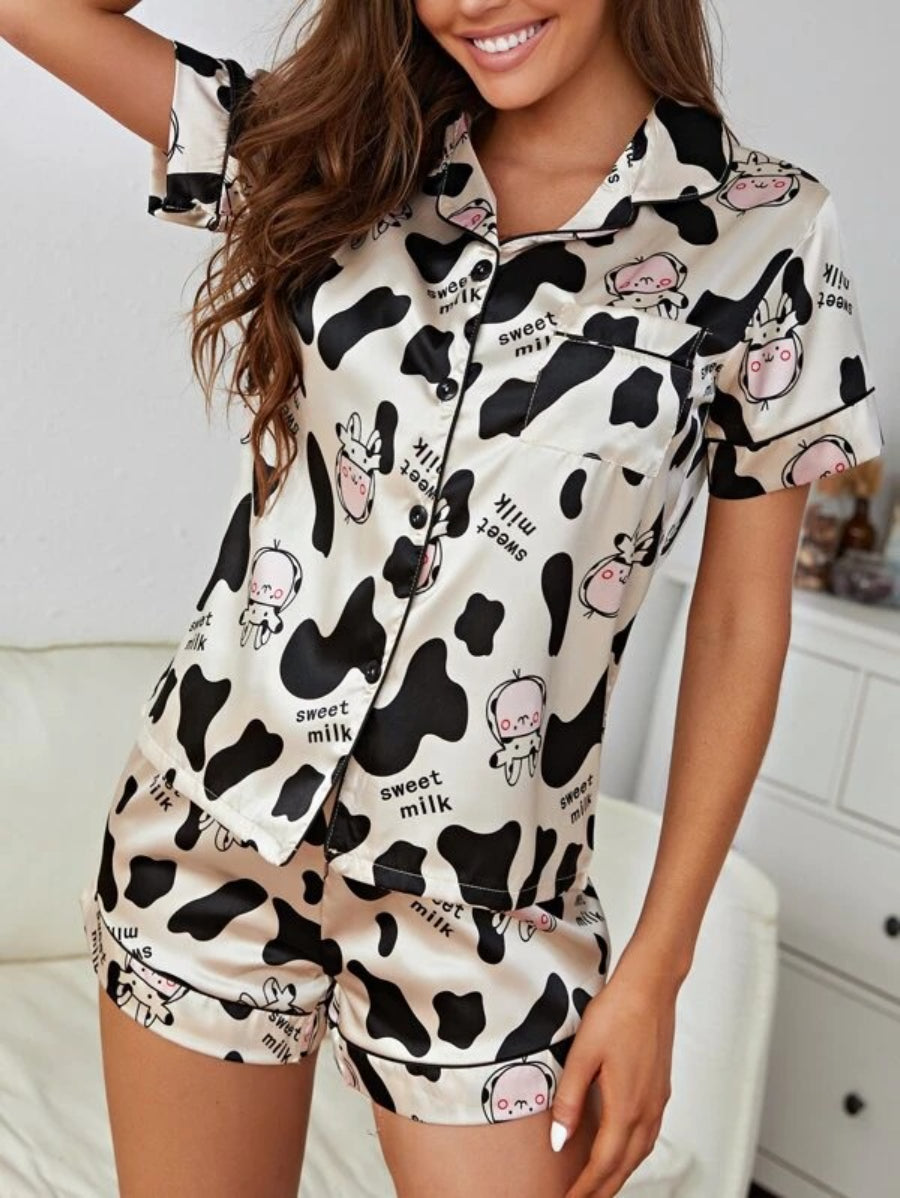 Letter And Cartoon Graphic Satin Night Set-Soco Hoodie