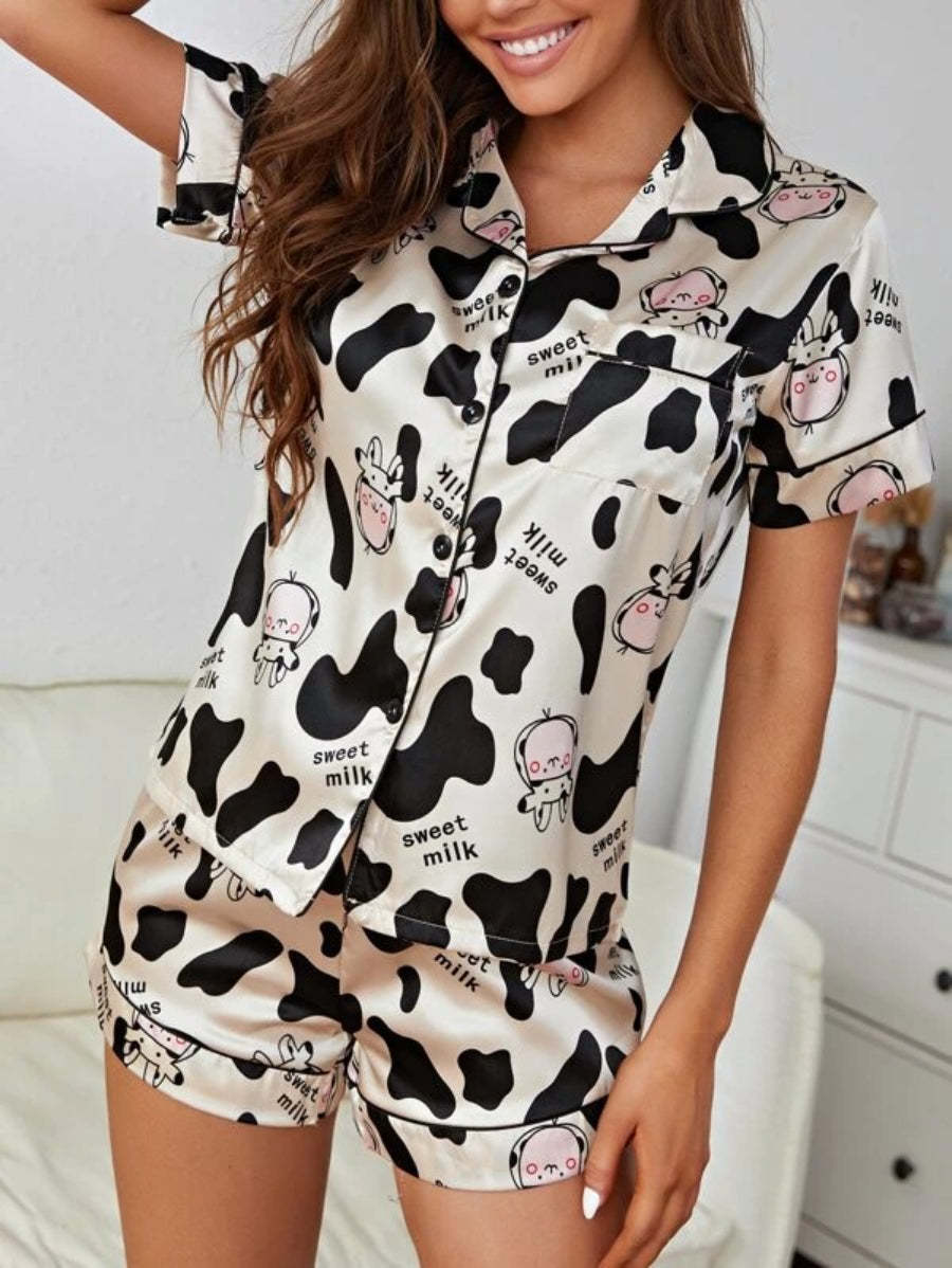 Letter And Cartoon Graphic Satin Night Set-Soco Hoodie