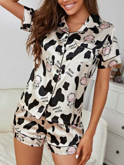 Letter And Cartoon Graphic Satin Night Set-Soco Hoodie