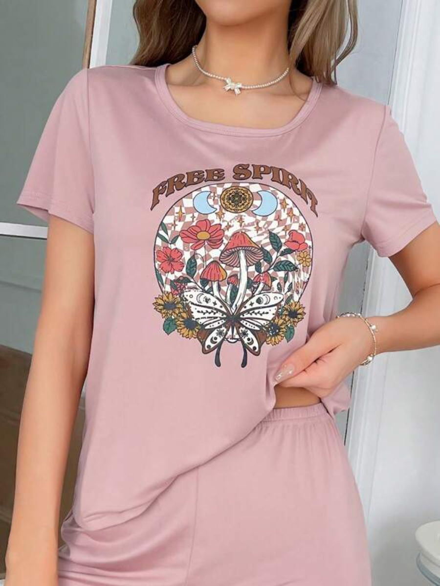 Letter And Floral Print Sleep Top-Soco Hoodie