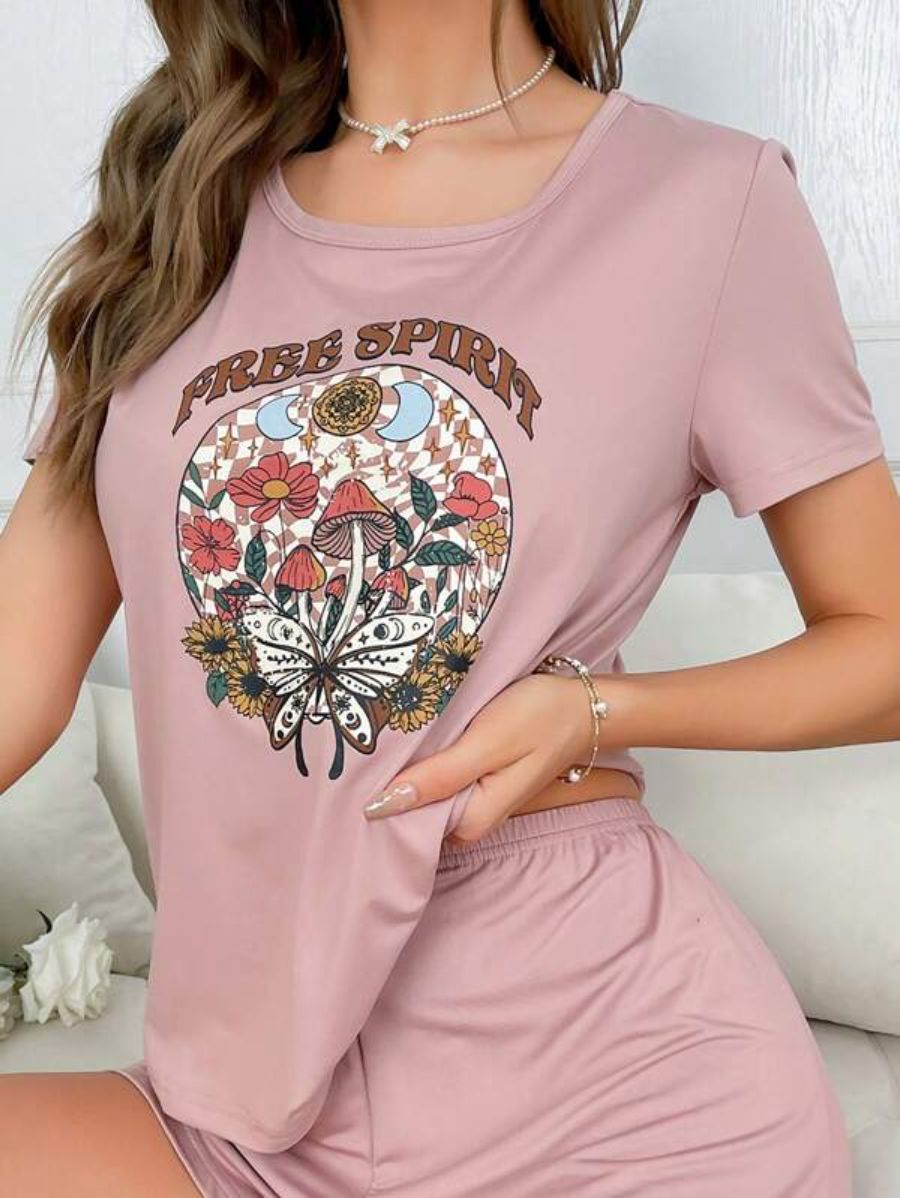 Letter And Floral Print Sleep Top-Soco Hoodie
