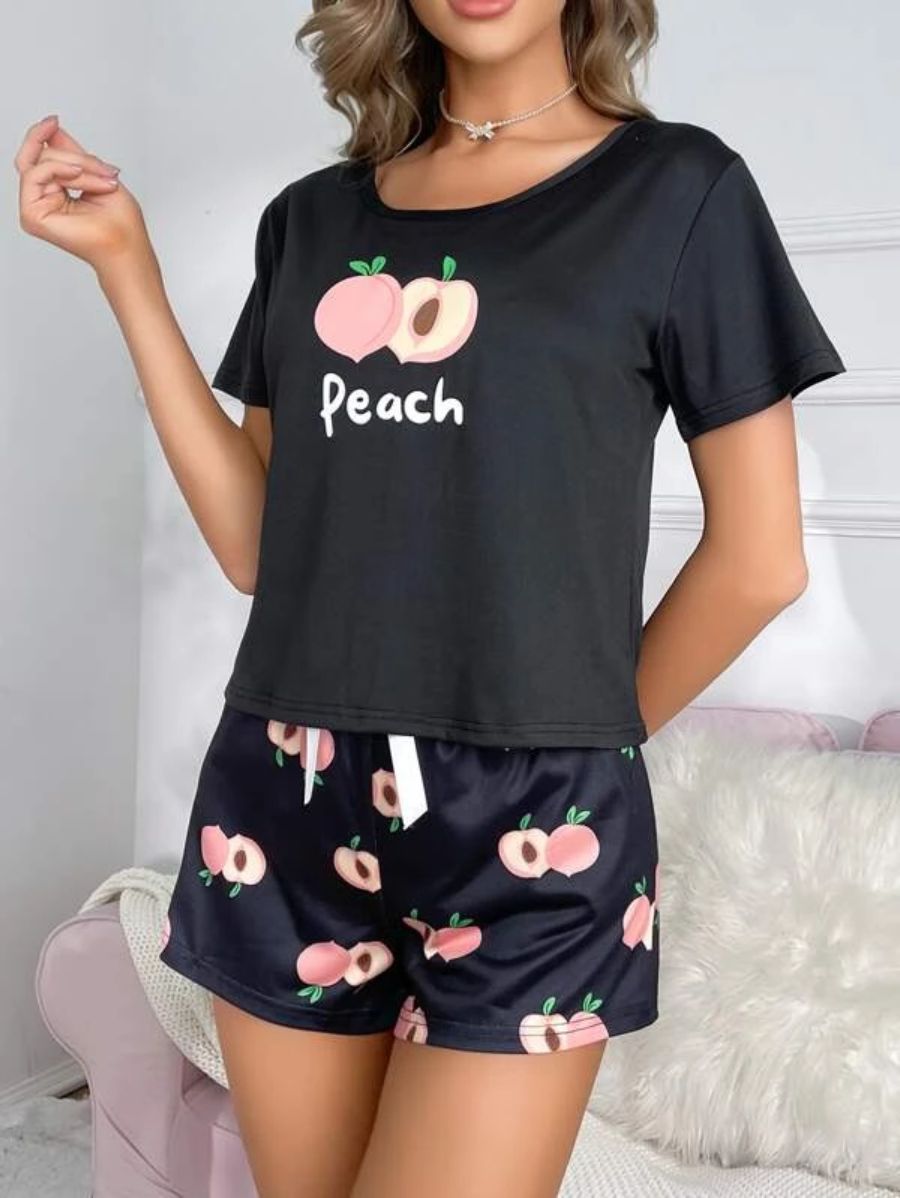 Letter And Fruit Print Bow Front PJ Set-Soco Hoodie