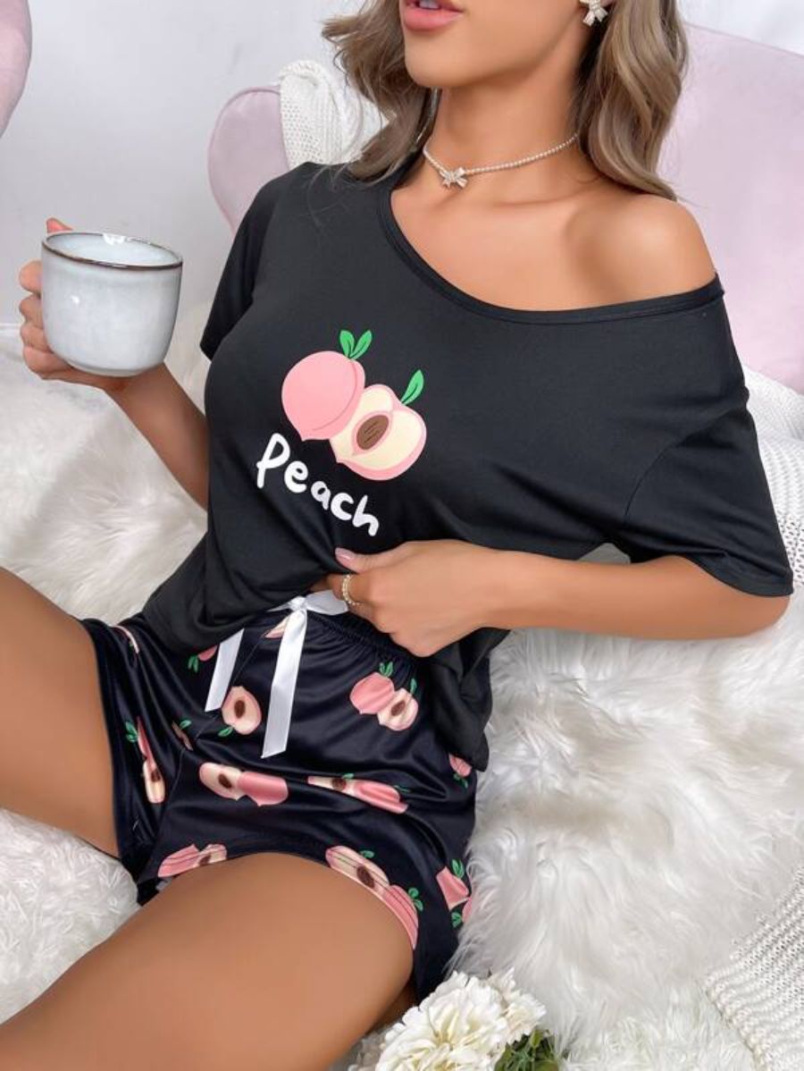 Letter And Fruit Print Bow Front PJ Set-Soco Hoodie