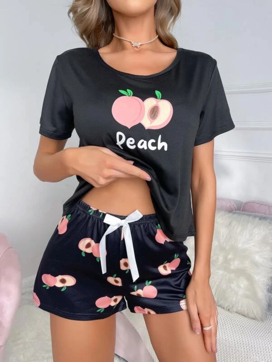Letter And Fruit Print Bow Front PJ Set-Soco Hoodie