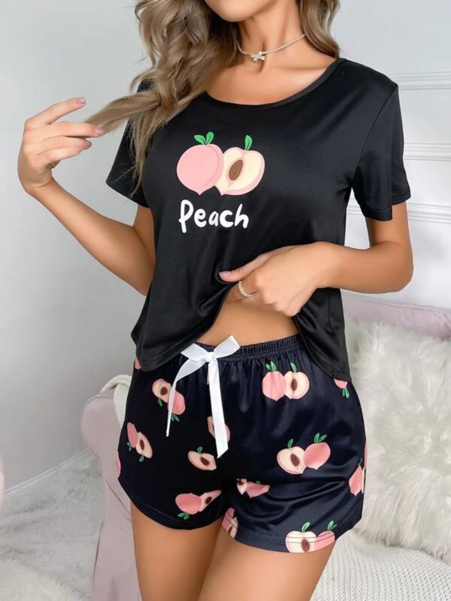 Letter And Fruit Print Bow Front PJ Set-Soco Hoodie