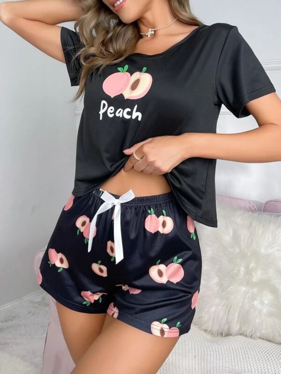 Letter And Fruit Print Bow Front PJ Set-Soco Hoodie