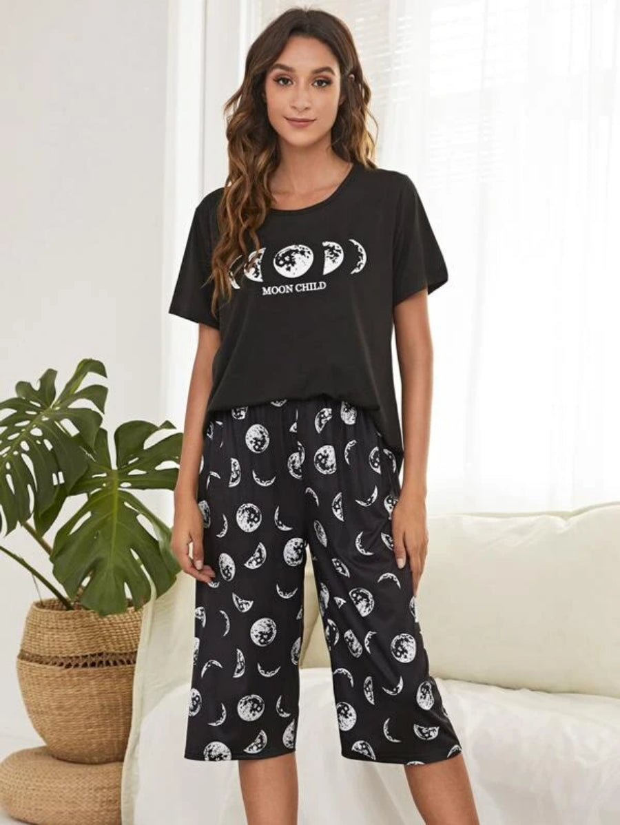 Letter And Moon Print Top And Pants Set-Soco Hoodie