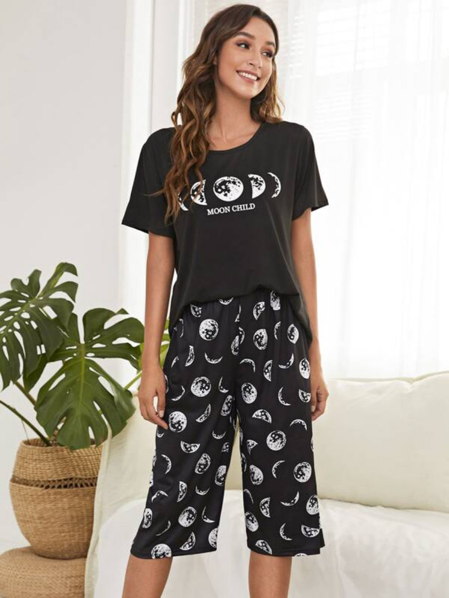 Letter And Moon Print Top And Pants Set-Soco Hoodie