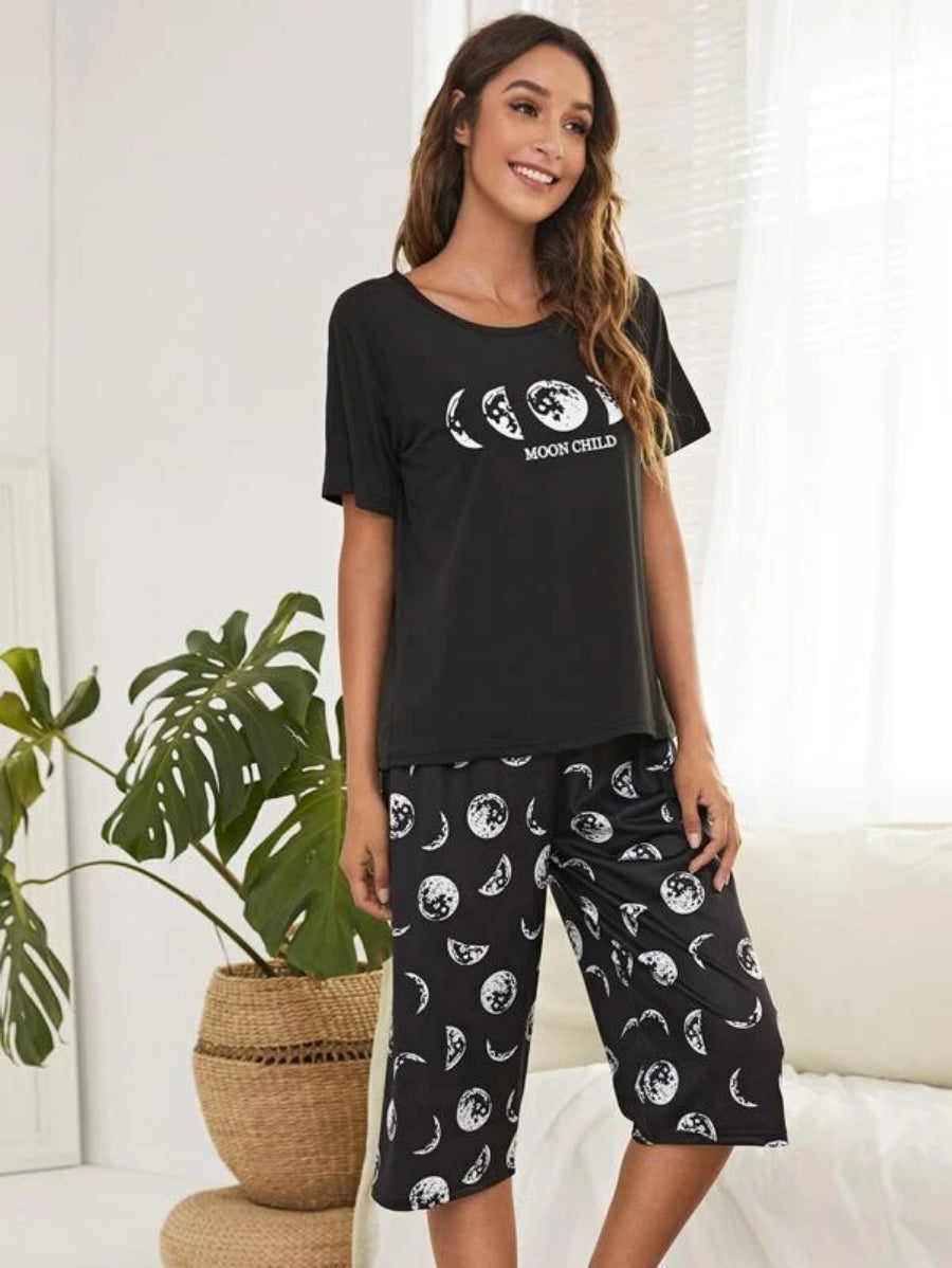 Letter And Moon Print Top And Pants Set-Soco Hoodie
