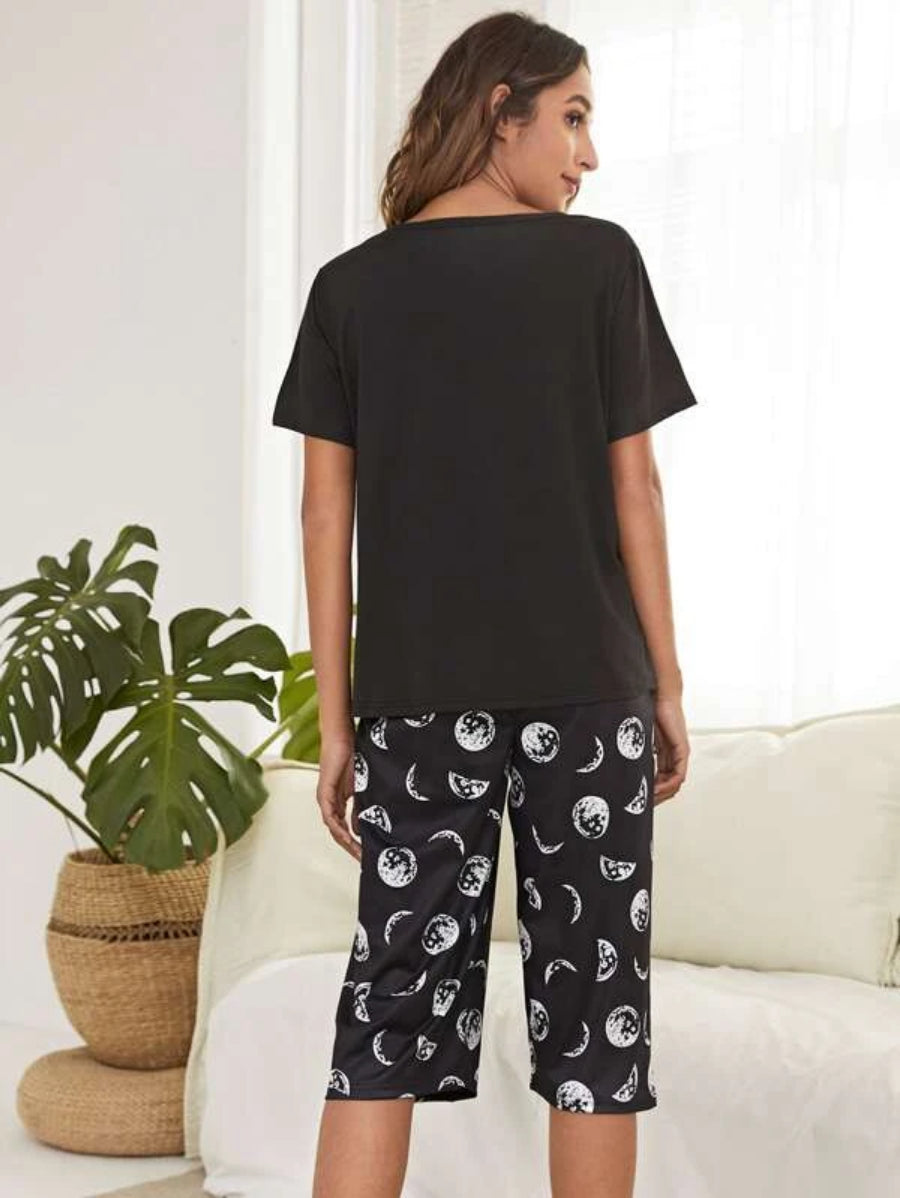 Letter And Moon Print Top And Pants Set-Soco Hoodie