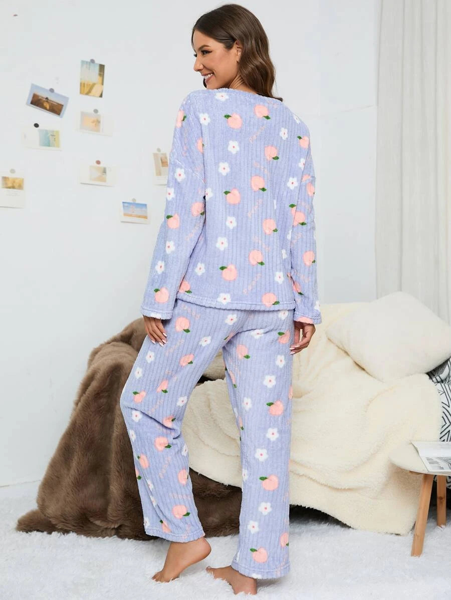 Letter And Peach Pattern Drop Flannelette Set-Soco Hoodie