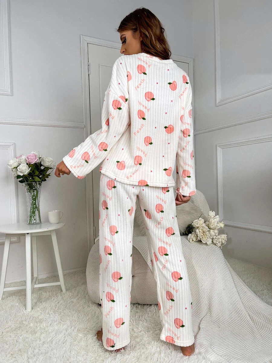 Letter And Peach Pattern Drop Flannelette Set-Soco Hoodie