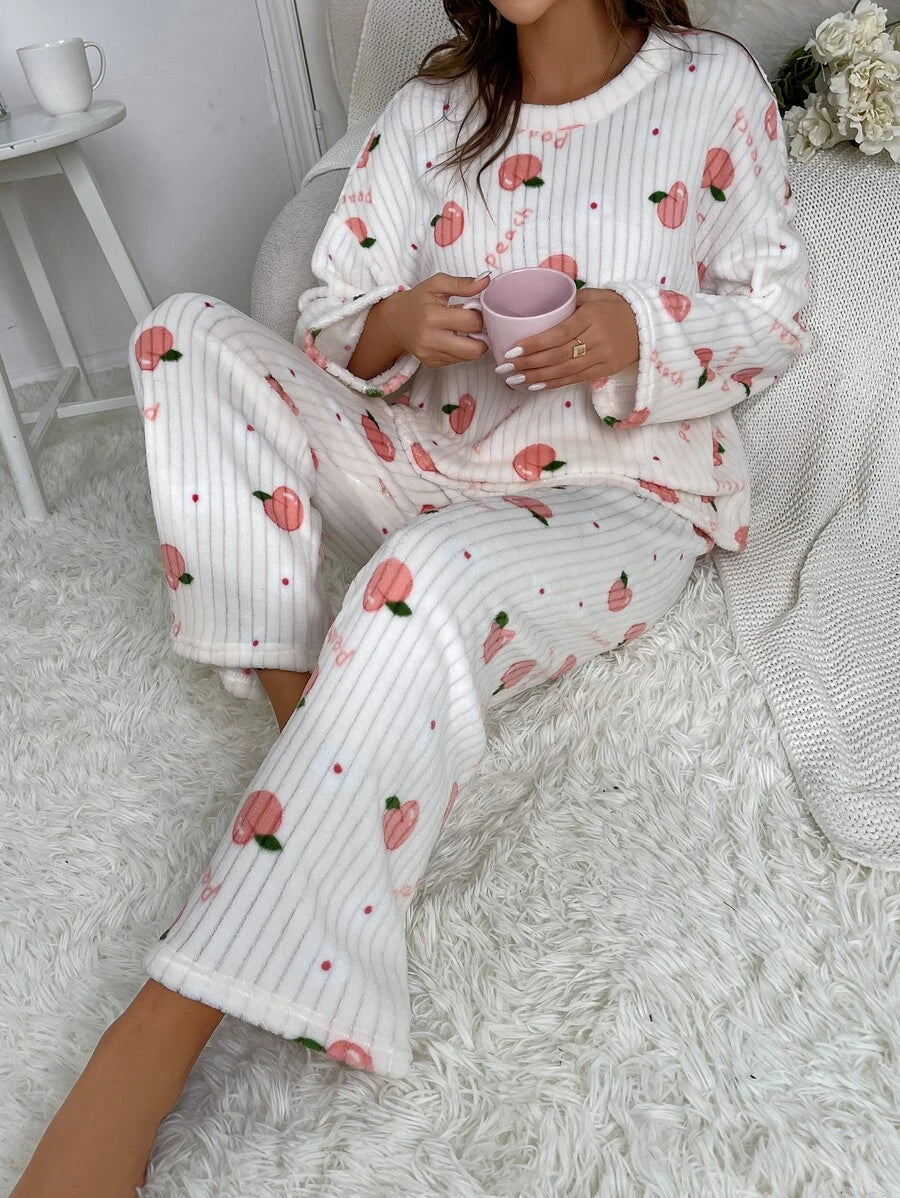 Letter And Peach Pattern Drop Flannelette Set-Soco Hoodie