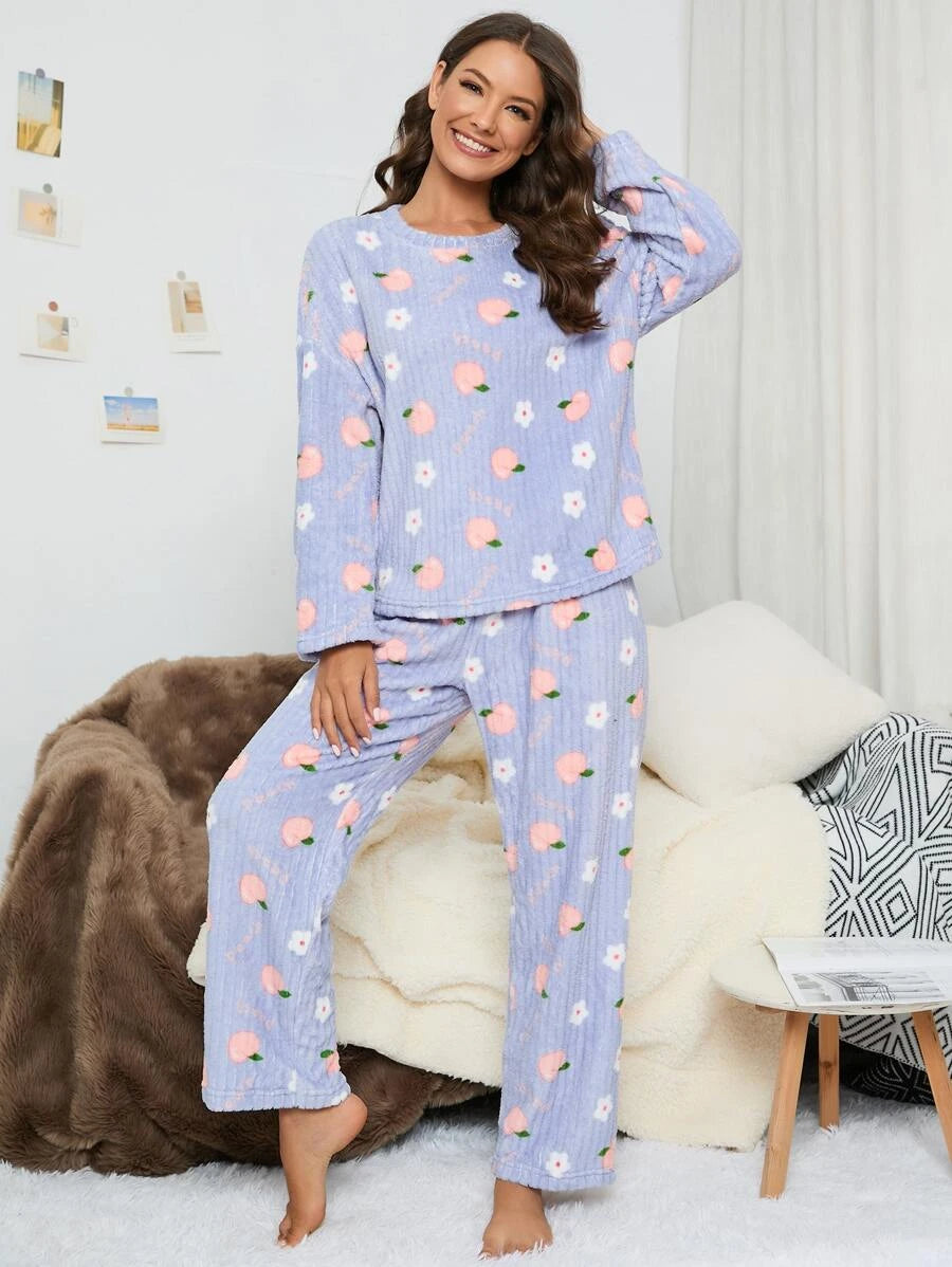 Letter And Peach Pattern Drop Flannelette Set-Soco Hoodie