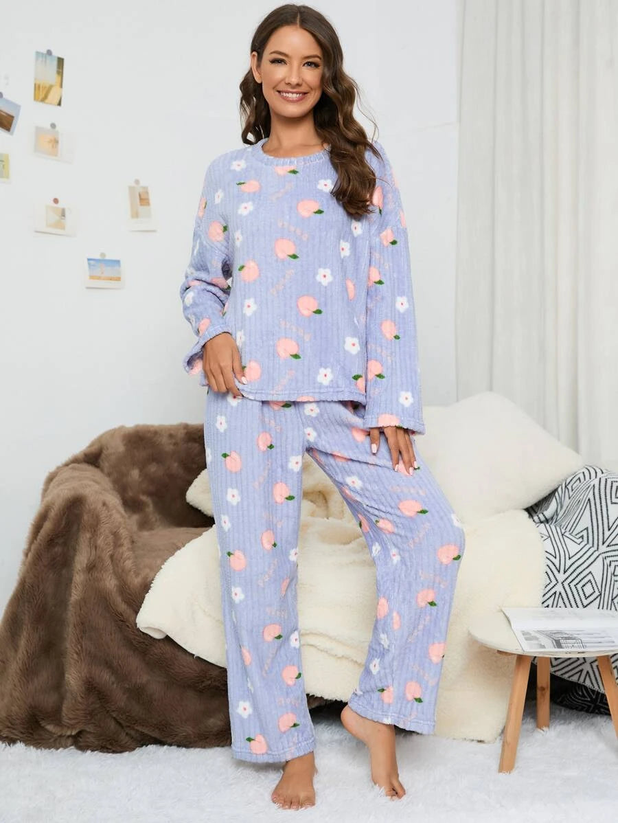 Letter And Peach Pattern Drop Flannelette Set-Soco Hoodie