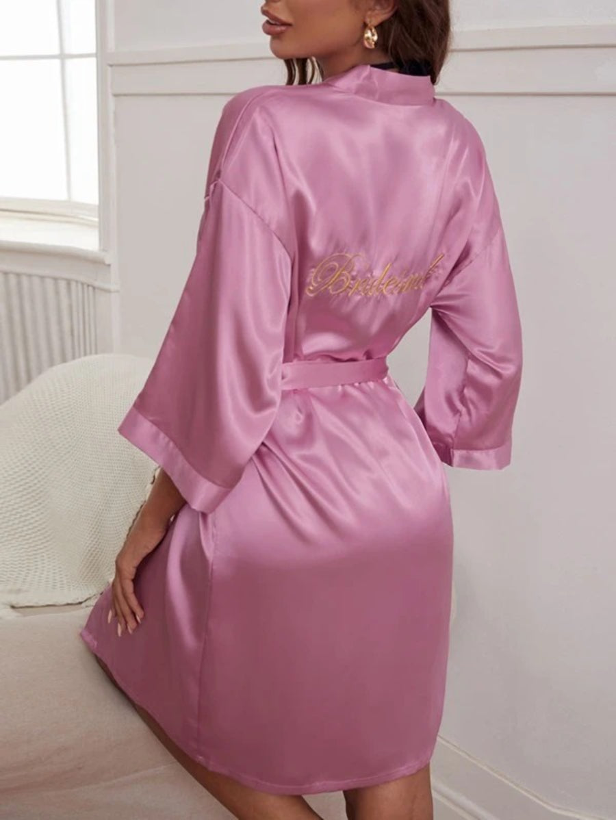 Letter Embroidered Belted Satin Bridesmaid Robe-Soco Hoodie
