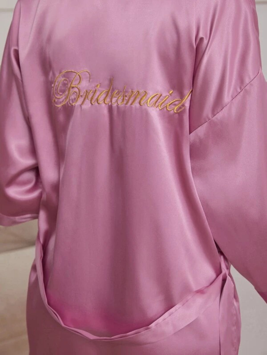 Letter Embroidered Belted Satin Bridesmaid Robe-Soco Hoodie