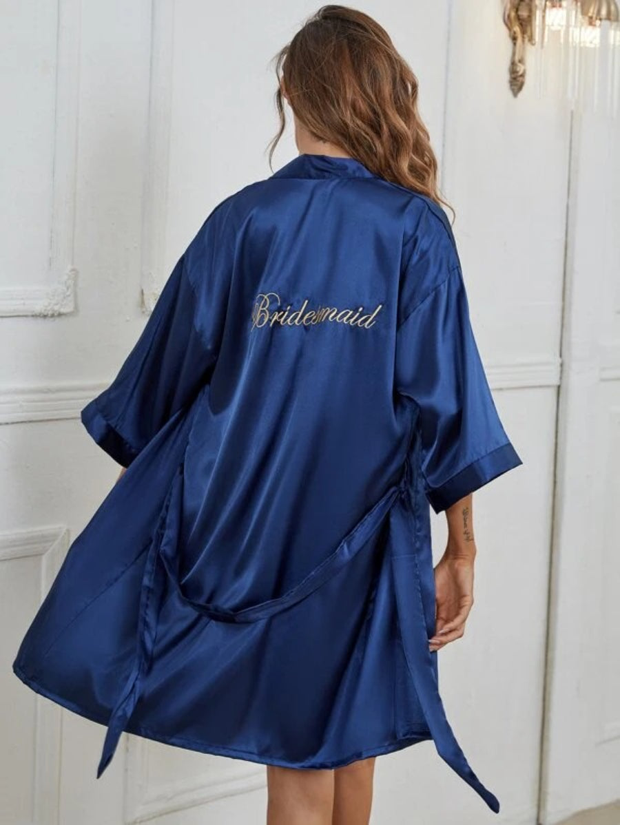 Letter Embroidered Belted Satin Bridesmaid Robe-Soco Hoodie