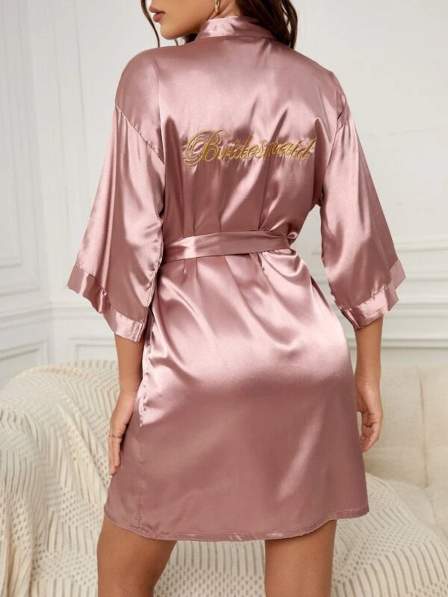 Letter Embroidered Belted Satin Bridesmaid Robe-Soco Hoodie