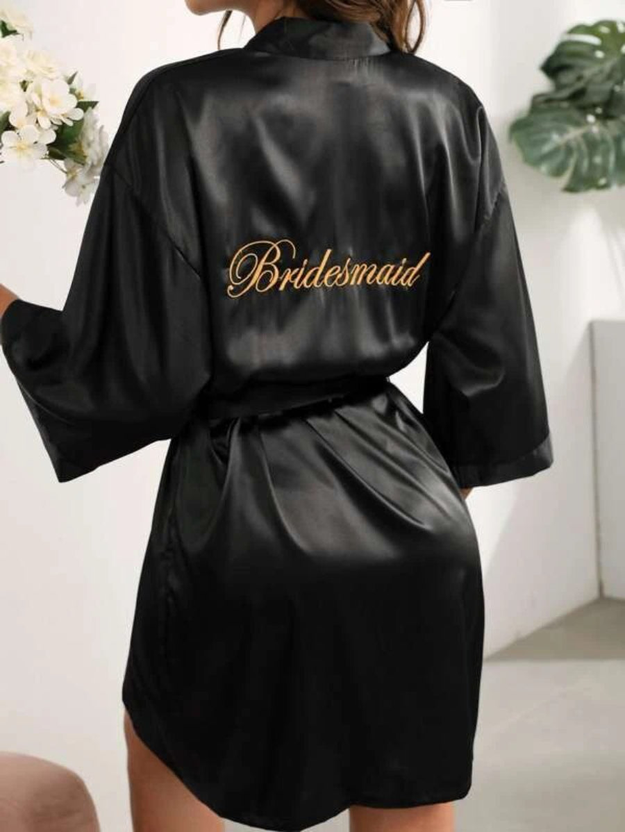 Letter Embroidered Belted Satin Bridesmaid Robe-Soco Hoodie