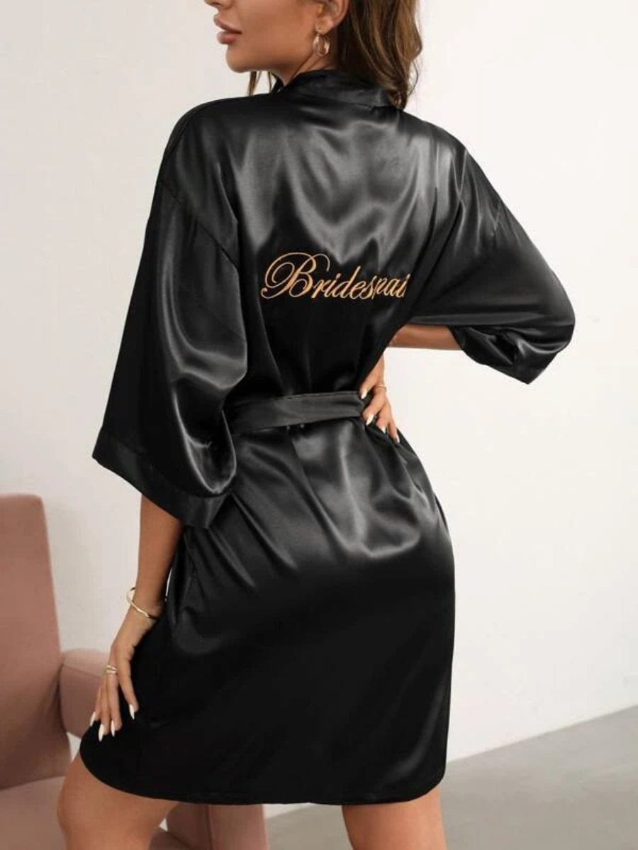 Letter Embroidered Belted Satin Bridesmaid Robe-Soco Hoodie