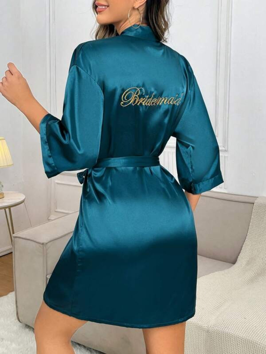 Letter Embroidered Belted Satin Bridesmaid Robe-Soco Hoodie