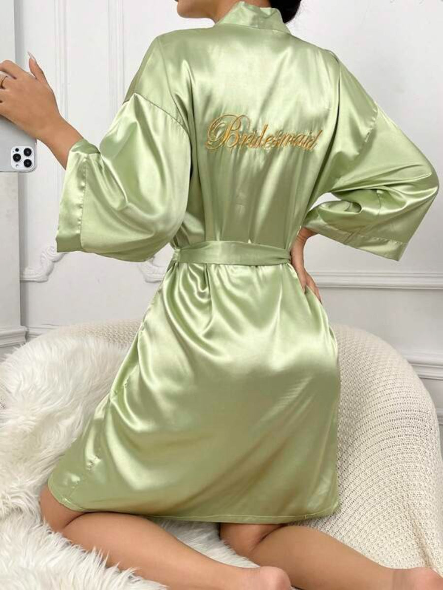 Letter Embroidered Belted Satin Bridesmaid Robe-Soco Hoodie