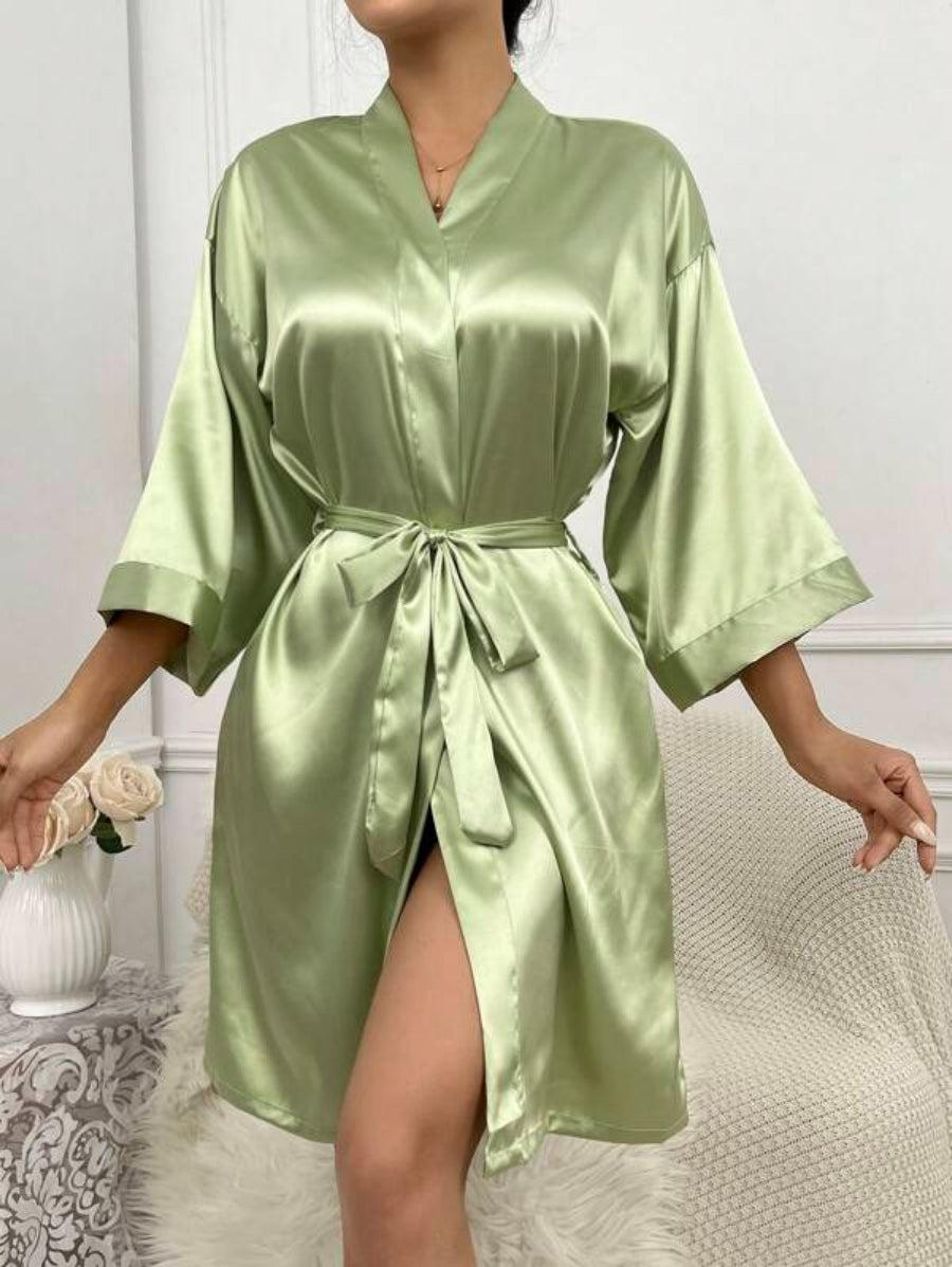 Letter Embroidered Belted Satin Bridesmaid Robe-Soco Hoodie