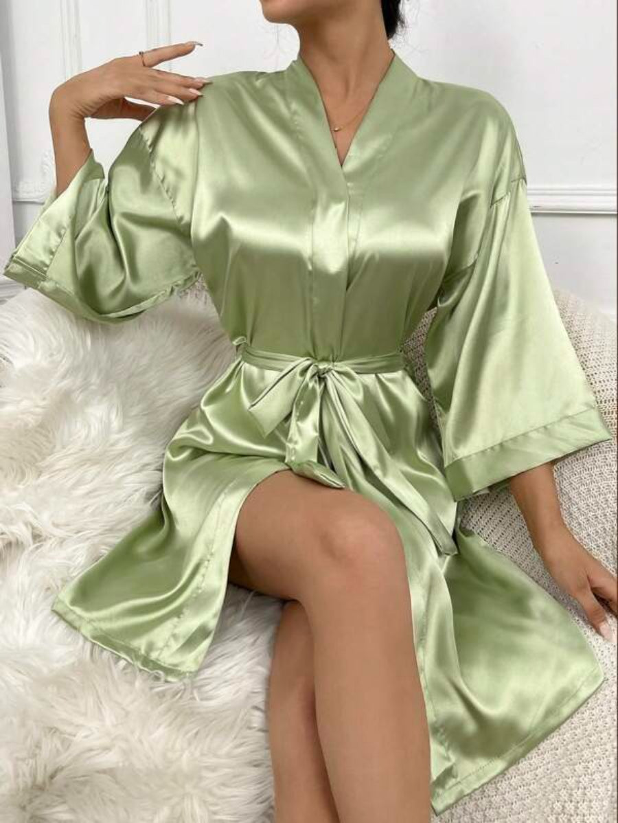 Letter Embroidered Belted Satin Bridesmaid Robe-Soco Hoodie